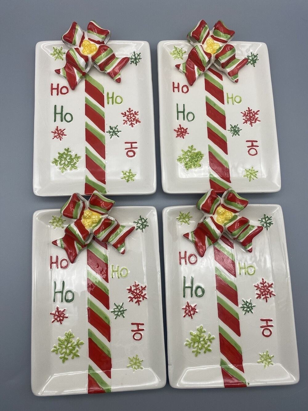 Set of 4 Christmas HO HO HO Candy Cane Ribbon Plates 7"X5" by Finelife used*READ